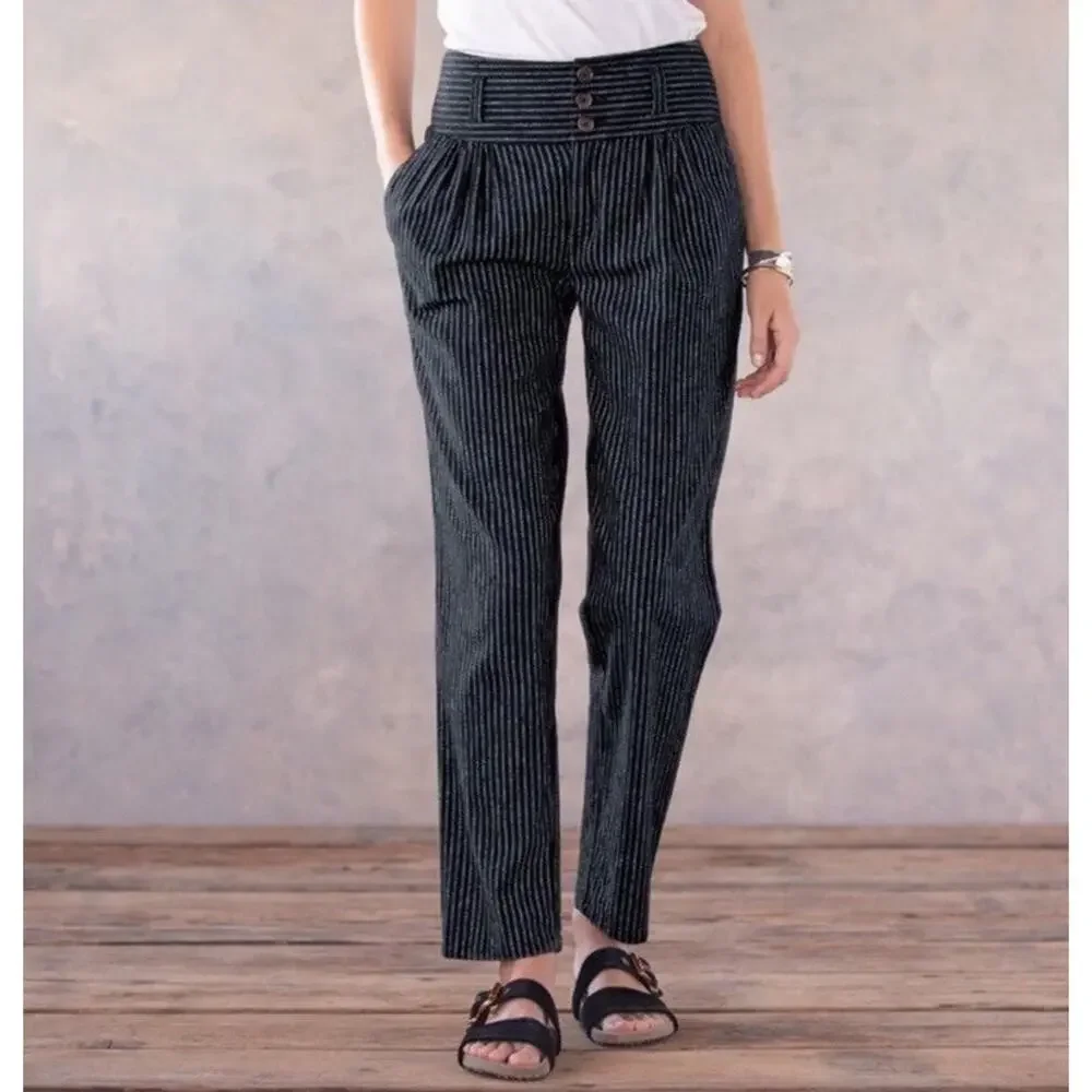 Sundance Amelia Trouser Pant Black White‎ Pinstripe 14P Linen Cotton Petite
